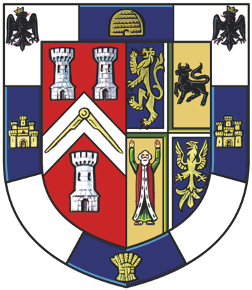 Coat of arms of the Provincial Grand Lodge of Bedfordshire: a shield with towers, a Masonic square and compasses on a chevron, and county emblems.
